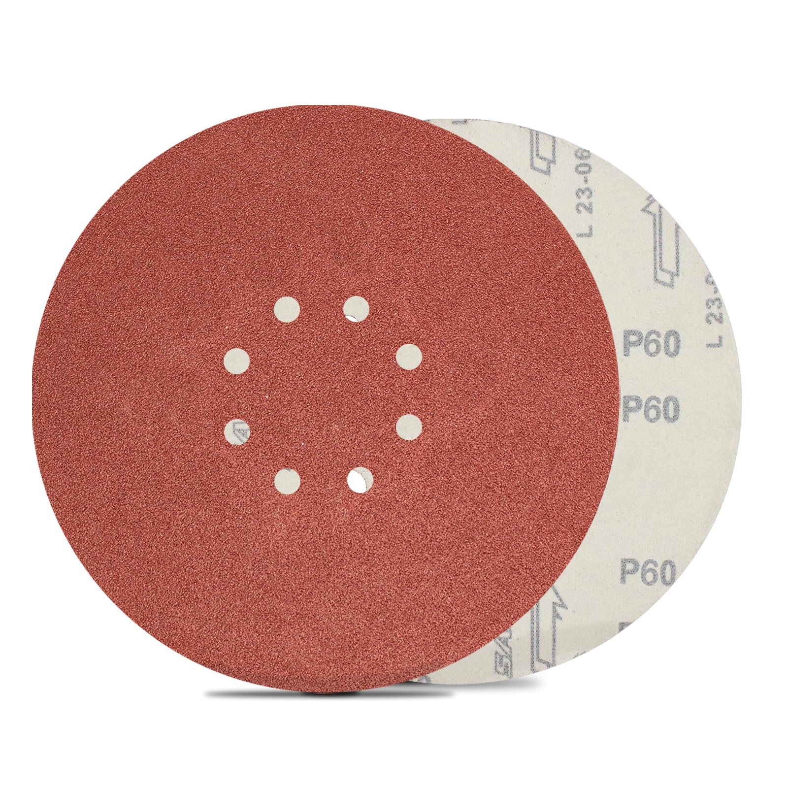 FEIHU 225 mm Sanding Disc 8 Holes P60 Grit. 9 Inch Hook and Loop Discs Sandpaper. 225mm Sanding Discs Pads,Grinding Wheels Diameter 225mm red Punched.For Drywall Sander Sanding Pads -15pcs