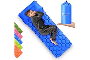 HIGH STREAM GEAR Kids Sleeping Pad for Camping and Sleepovers with Pillow, Inflatable Camping Mattress for Backpacking & Travel, Thick Toddler Cot Mat, Fast Inflating Camping Sleeping Pads for Kids