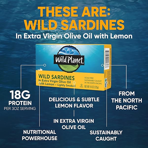 WILD PLANET, SARDINES IN EXTRA VIRGIN OLIVE OIL WITH LEMON, 4.375 OUNCE