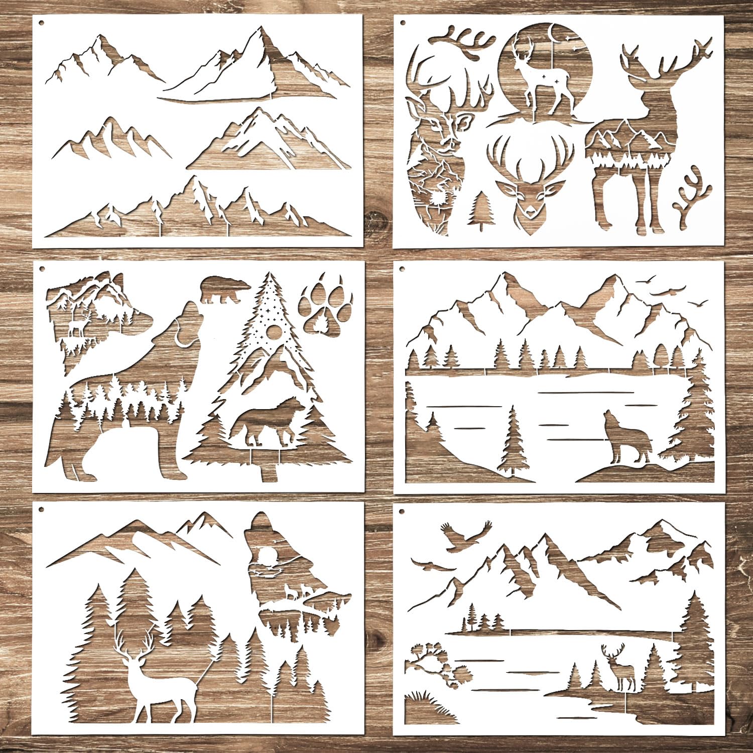 6pcs Mountain Stencils for Painting on Wood, Reusable Wood Burning Stencils Pine Tree Wildlife Deer Template Forest Pattern Stencils for Wall Drawing Fabric Furniture Canvas Crafts