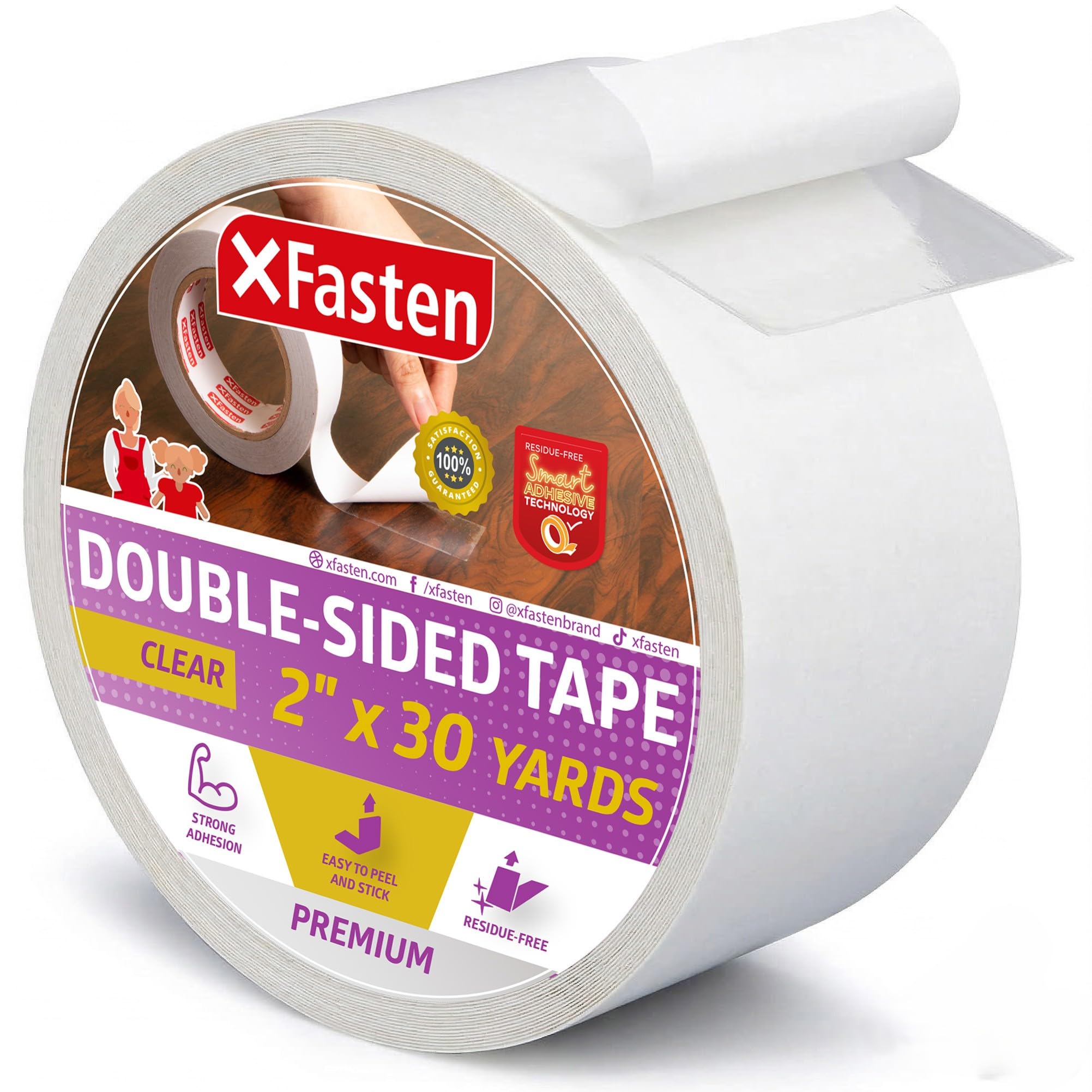 XFasten Double Sided Tape Clear, Removable, 2-Inch by 30-Yards, Ideal as a Gift Wrap Tape, Holding Carpets, and Woodworking