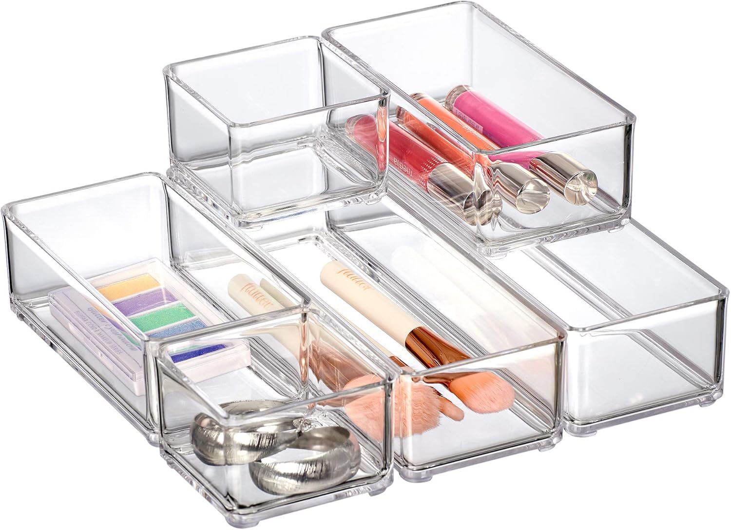 Amazing Abby Trio - 6-Pack Arcylic Stackable Organizers for Vanity and Desk Drawer, Perfect Storage Solution for Beauty Products, Office Supplies, Decorative Items, and More