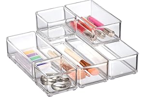 Amazing Abby - QuickSort - Plastic Stackable Organizers (6-Piece Set) for Vanity and Desk Drawer, Perfect Storage Solution for Beauty Products, Office Supplies, Decorative Items, and More