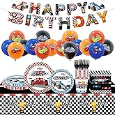 Poqirzan 98PCS Race Car Birthday Party Supplies Racing Party Tableware Set Include Checkered Flag Race Car Paper Plates and Napkins Dinnerware Set Balloons Racing Car Theme Party Decorations Serve 16