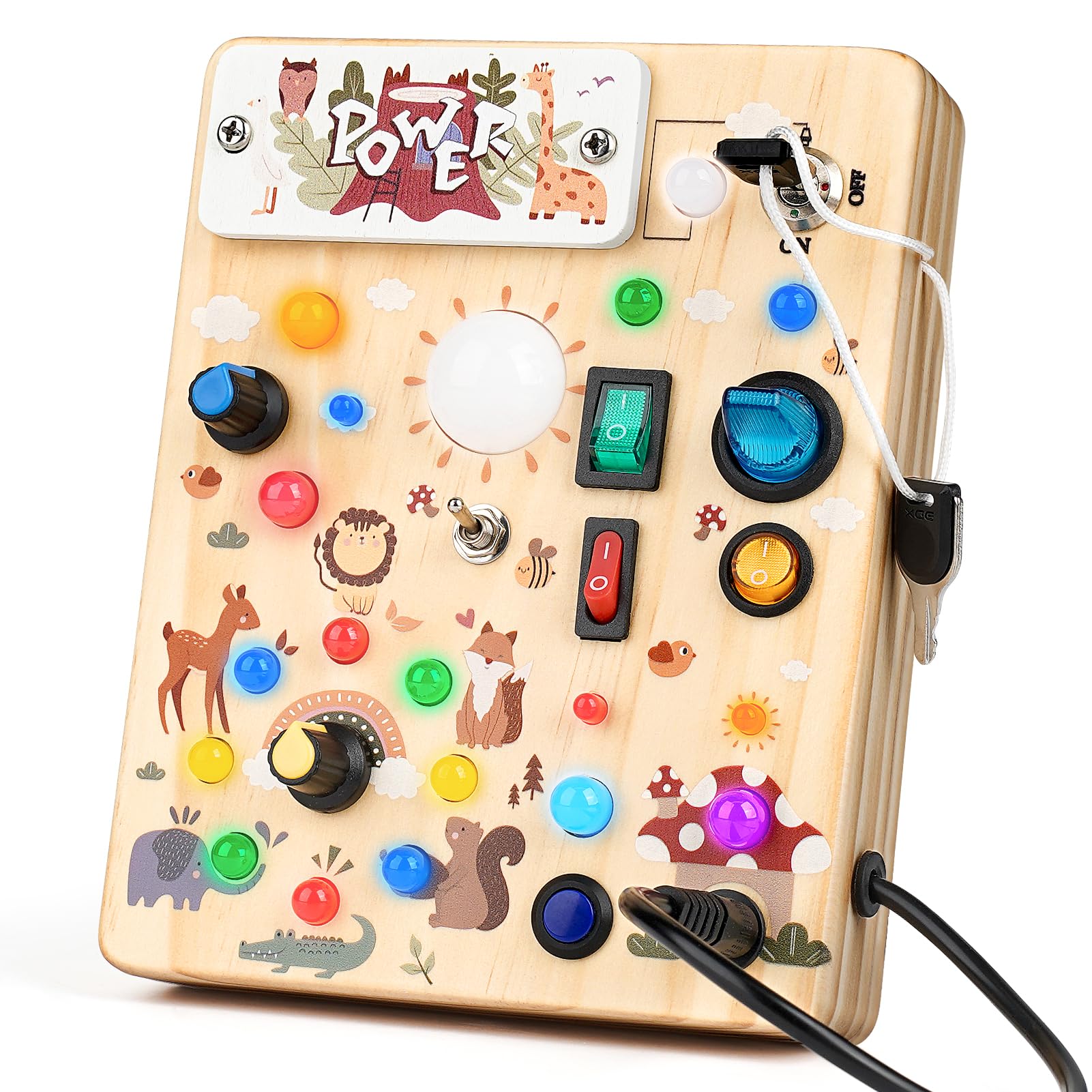Photo 1 of Joyreal Wooden Busy Board with LED Lights, Montessori Sensory Toys for Toddlers, Activity Fidget Board Travel Toys for Fine Motor Skills & Learning, Gifts for 1-3 Year Old Boys & Girls (Forest Theme)