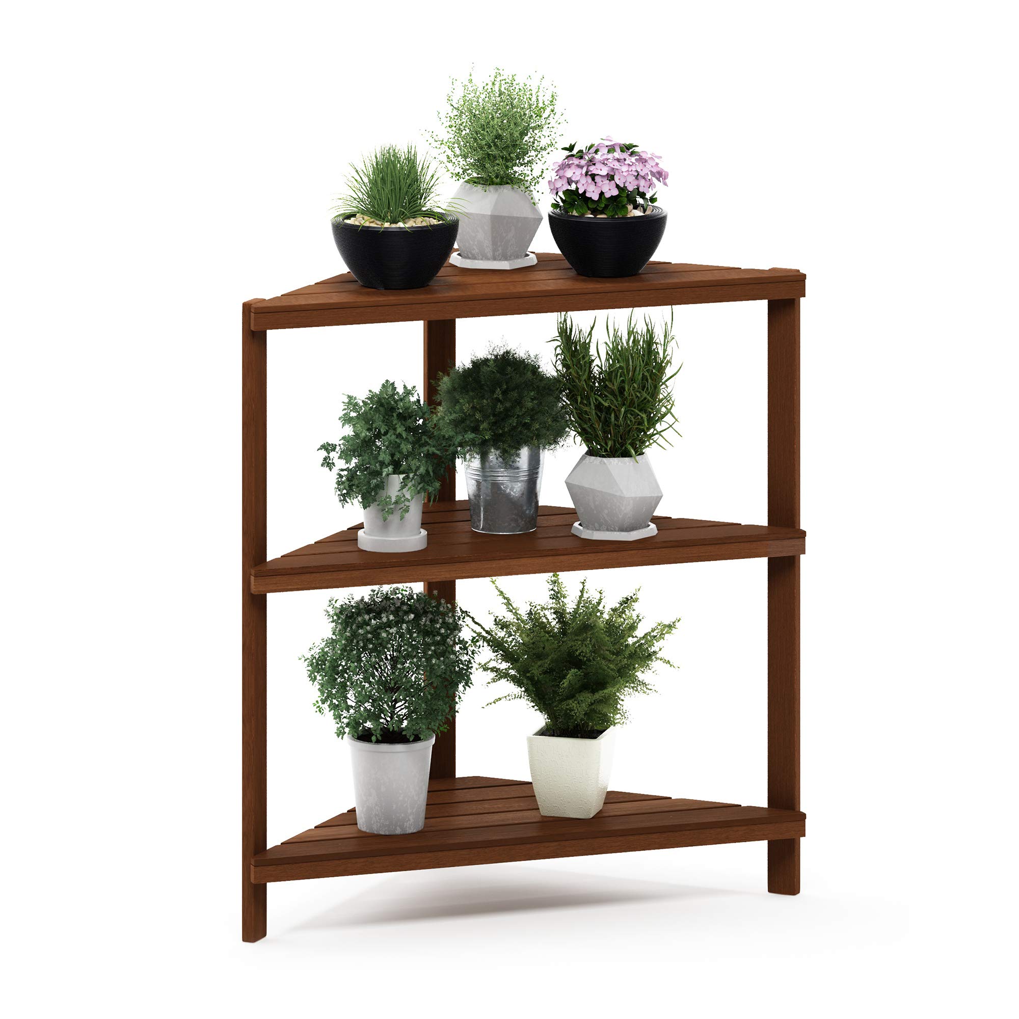 Furinno TIOMAN Plant Stand Outdoor, 3-Tier Corner Plant Shelf, Tiered Plant Stand Indoor, Outdoor, Patio, Garden, Balcony, Natural
