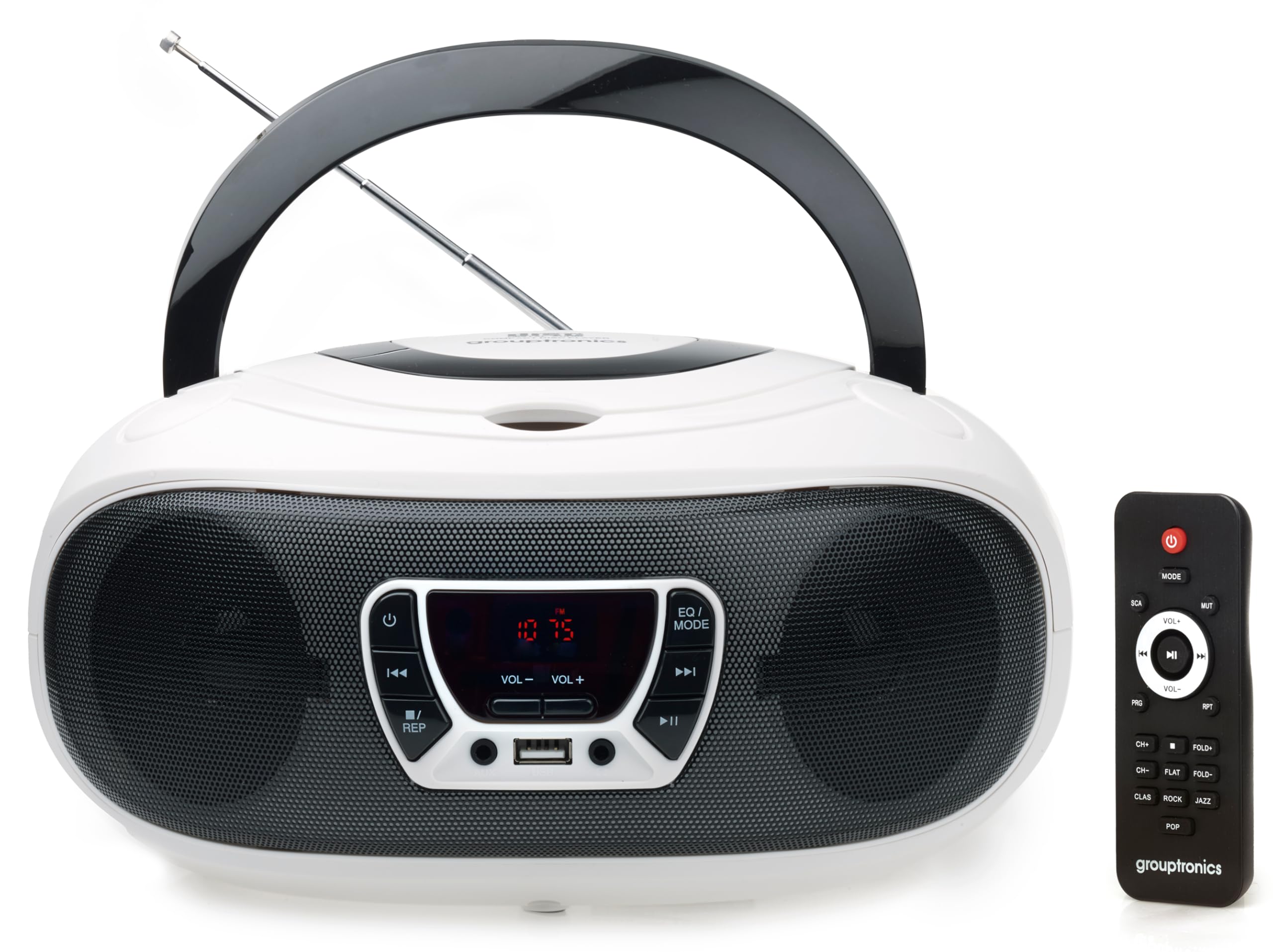 Grouptronics GTCD-501 Stereo BoomBox Portable CD Player Radio With USB, MP3 Player & AUX IN for Smartphone & Tablet White