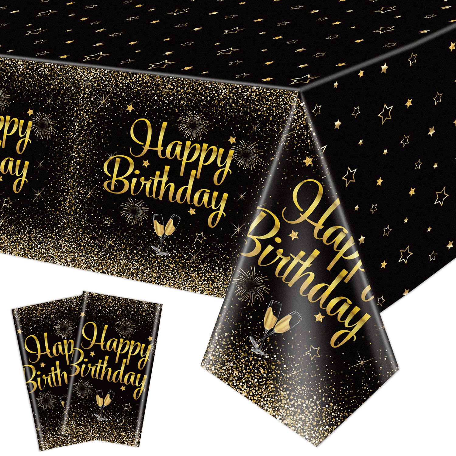 Photo 1 of QUERICKY 2 Pack Black Gold Happy Birthday Tablecloths, 51x87'' Plastic Disposable Rectangle Black Gold Table Cover for Men Women Boys Girls Birthday Party Decorations Supplies