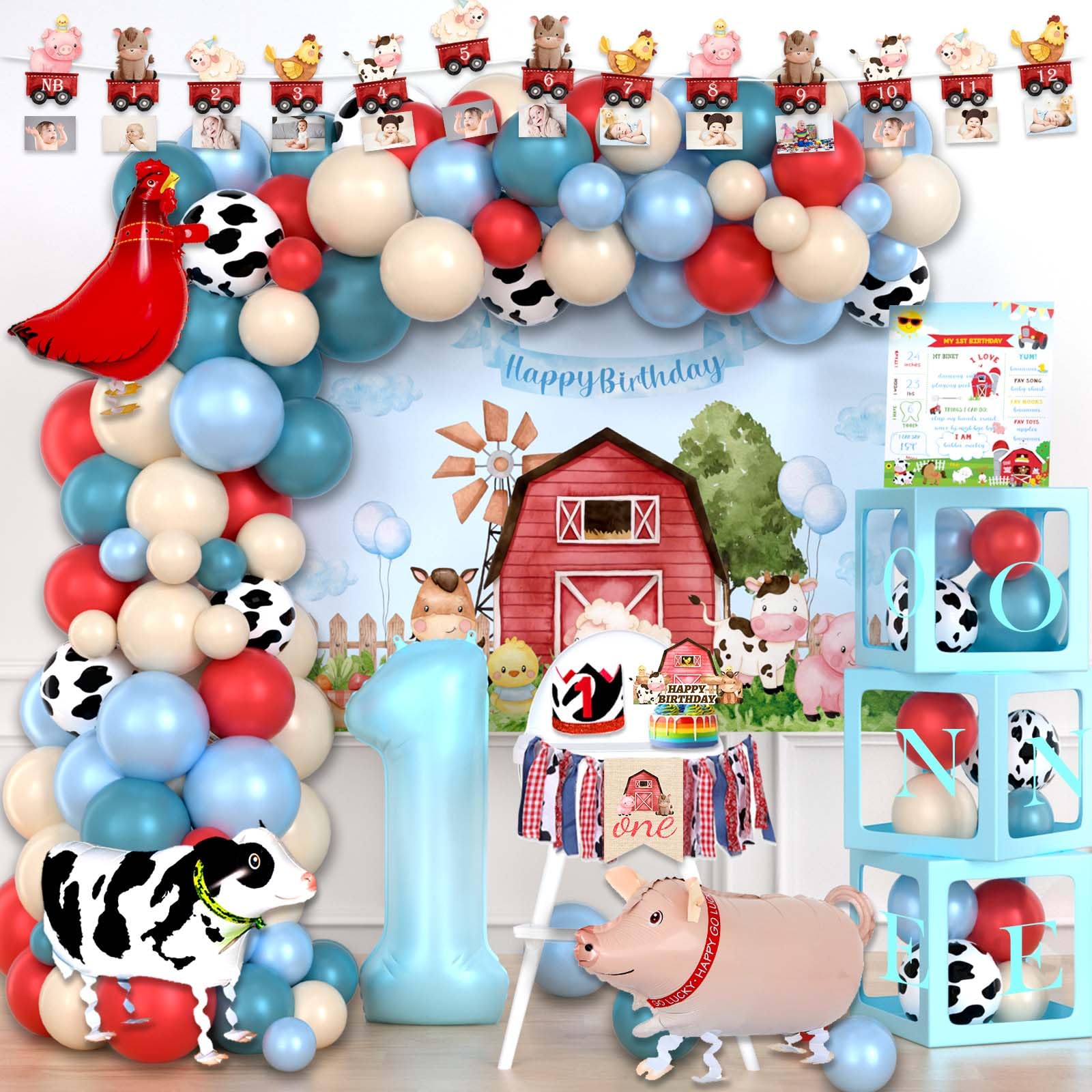 Photo 1 of Party Inspo Farm 1st Party Decorations Boy, 1st Birthday Decorations Boy, Blue Barn Animal First Birthday Decorations, Balloon Photo Highchair Banner Cake Topper Box Cutout Crown Poster, 160 PCs