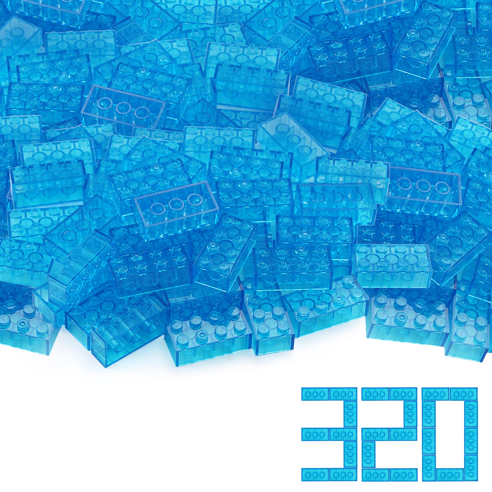 320 Pieces Transparent Light Blue 2x4 Bricks Parts Building kit Creative Play Set Blocks Classic Toy Accessories Compatible with 3001 Major Brands (Trans Light Blue)