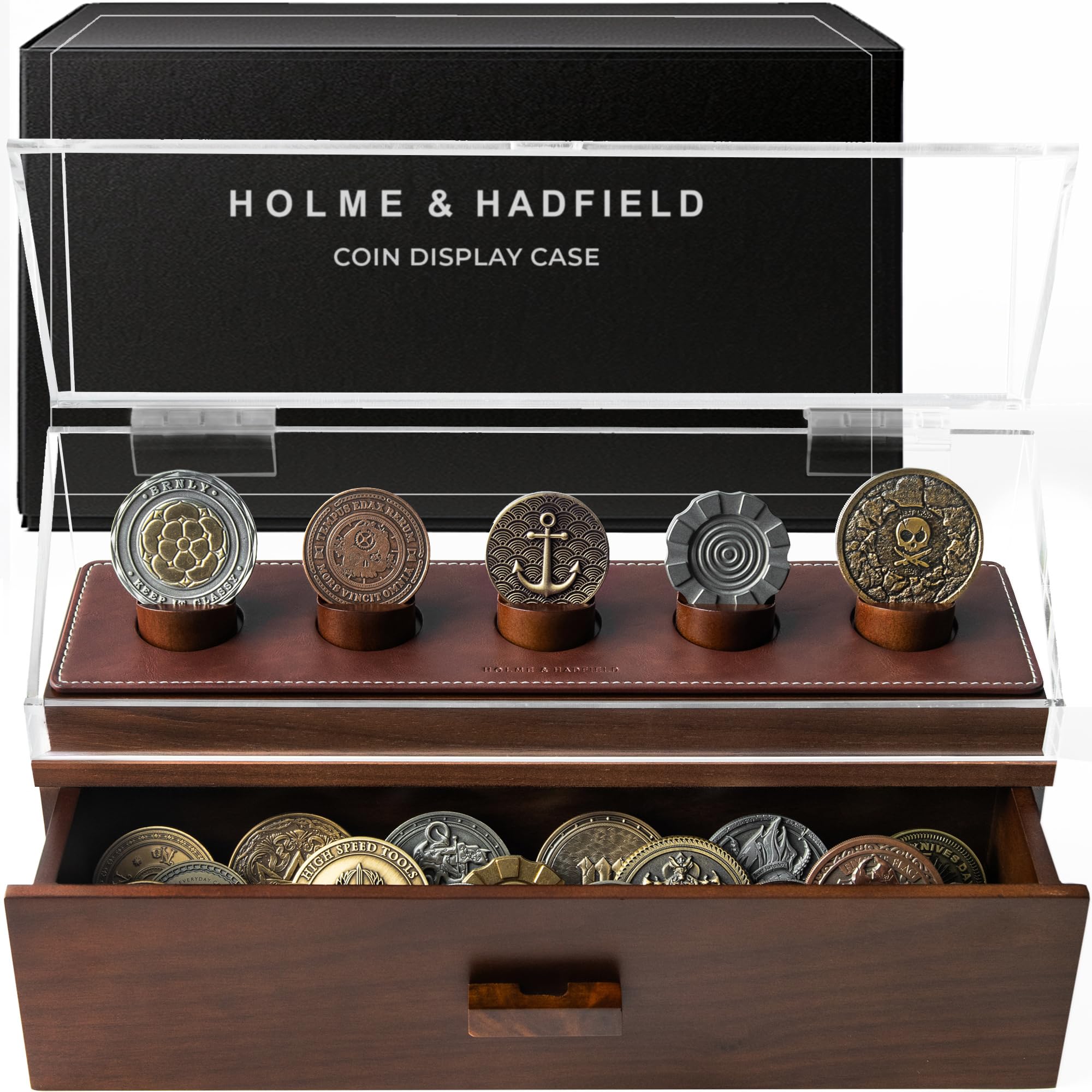Photo 1 of Premium Challenge Coin Display Case for 30 Coins - Wooden Challenge Coin Holder & Organizer with 360° Views, Hinged Cover, Drawer - Coin Display Stand - Handcrafted EDC & Military Gift