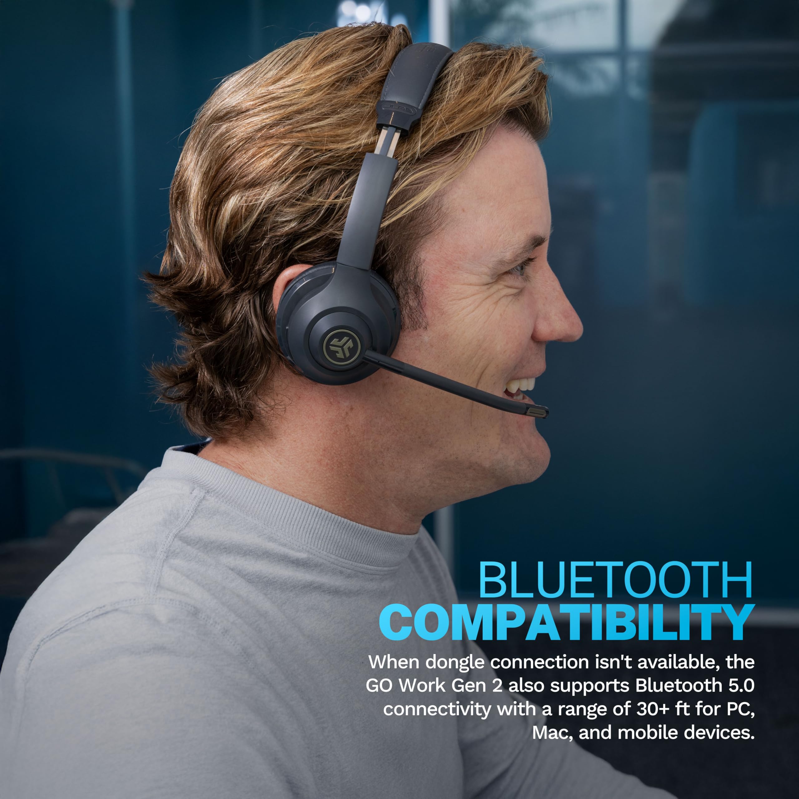 JLab Go Work Gen 2 Wireless Headsets with Microphone - 55+ Playtime PC Bluetooth Headset and Multipoint Connect to Laptop Computer and Mobile - Wired or Wireless (Bluetooth or USB Dongle) Headphones