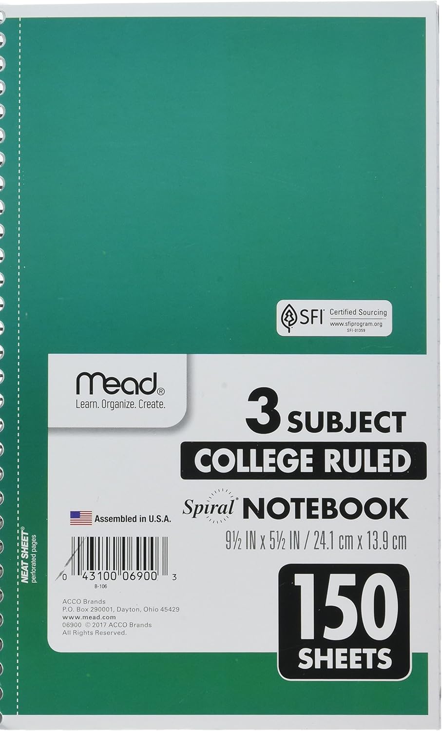 Mead Spiral Notebook, 3 Subject, College Ruled Paper, 150 Sheets, 9-1/2" x 5-1/2", Color Selected For You (06900) : Office Products