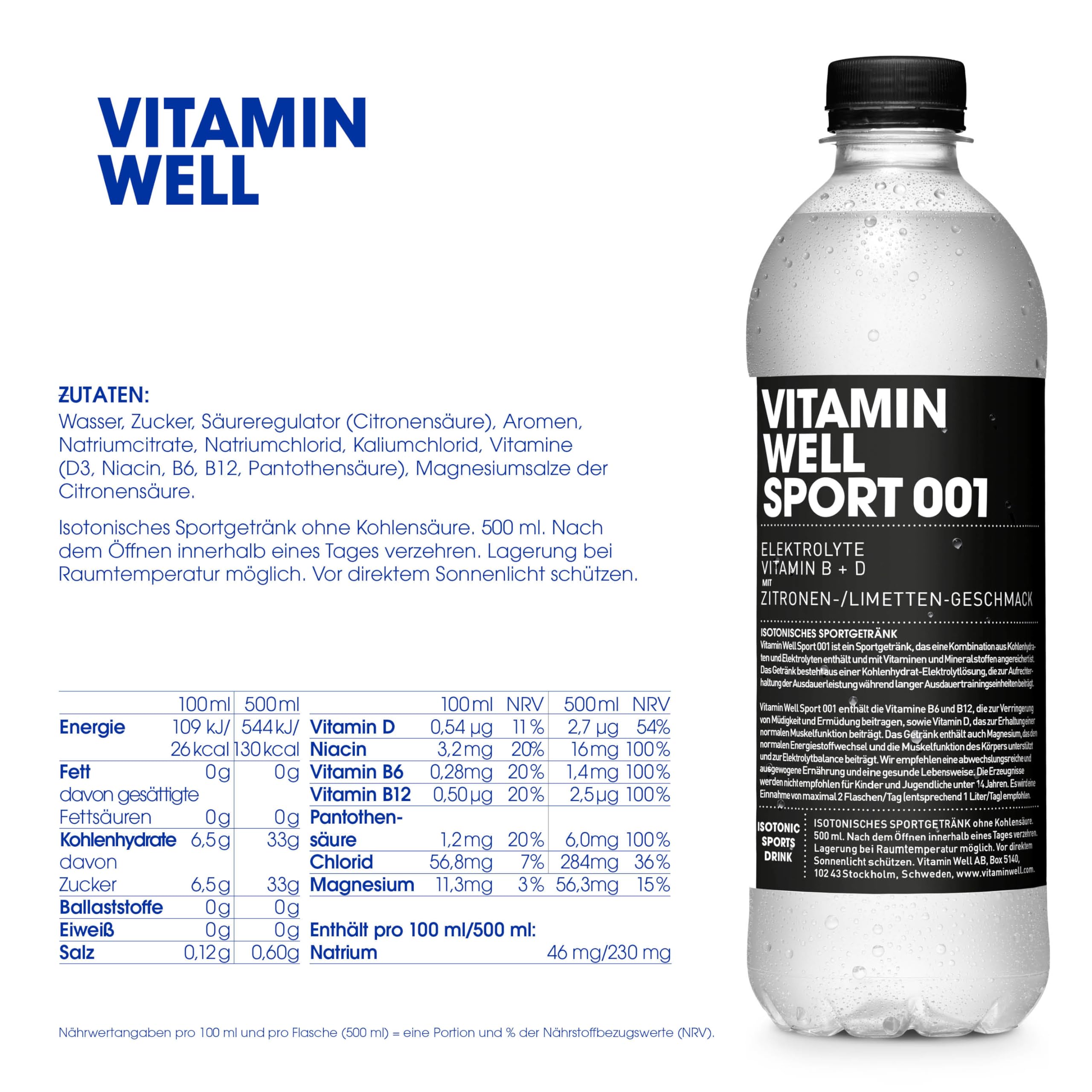 Vitamin Well Sport 001 – Zuckerfreies Sportgetränk mit Geschmack, Elektrolyten, Vitamin B & D, Magnesium, Zitronen-/Limettengeschmack, 12 x 500ml inkl. Pfand 3
