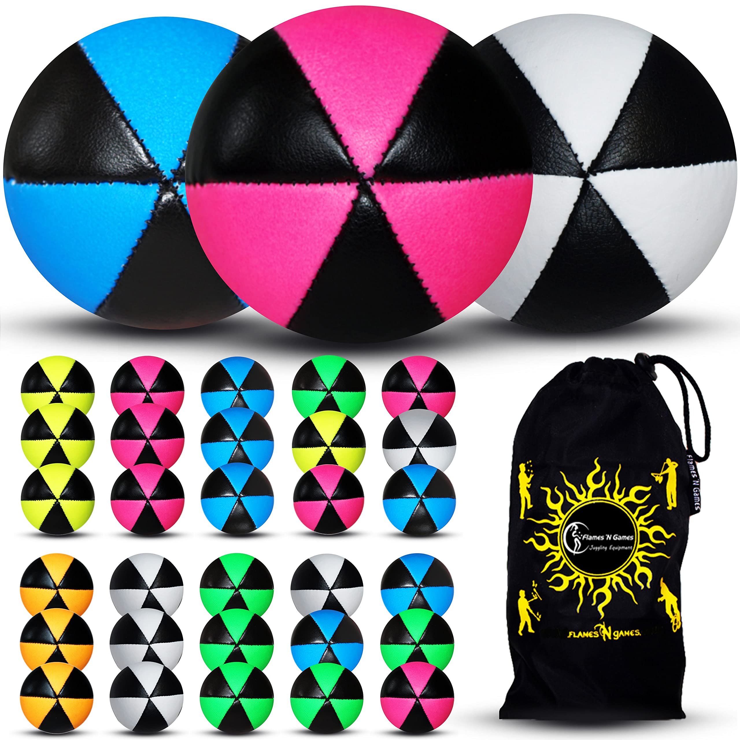 Flames 'N Games 3x ASTRIX UV Thud Juggling Balls set of 3 Pro 6 Panel Leather Juggling Ball Set & Travel Bag! (Yellow)