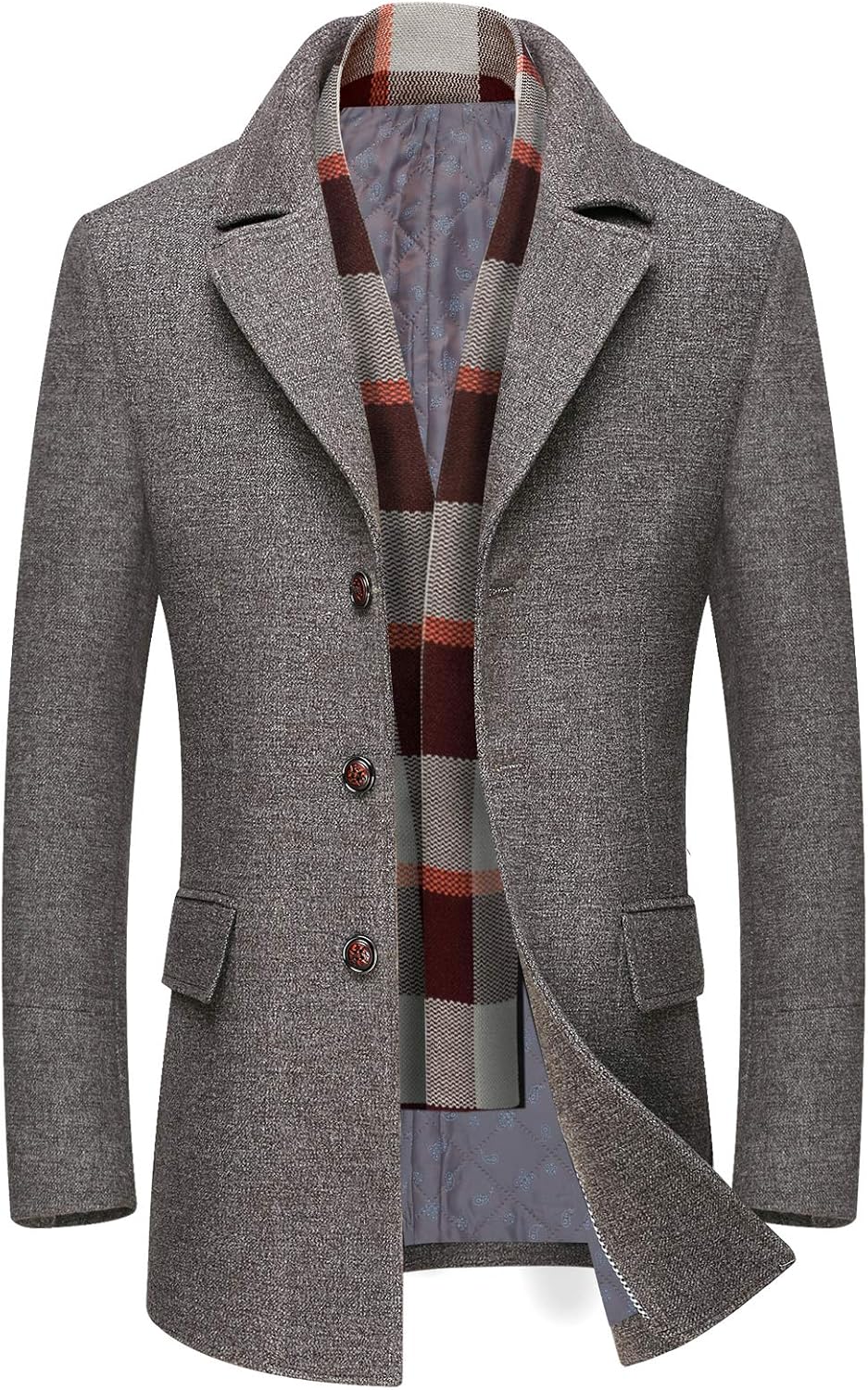 chouyatou Men's Winter Notched Collar Single Breasted Quilted Wool Midi Coats Plaid Scarf at  Men’s Clothing store
