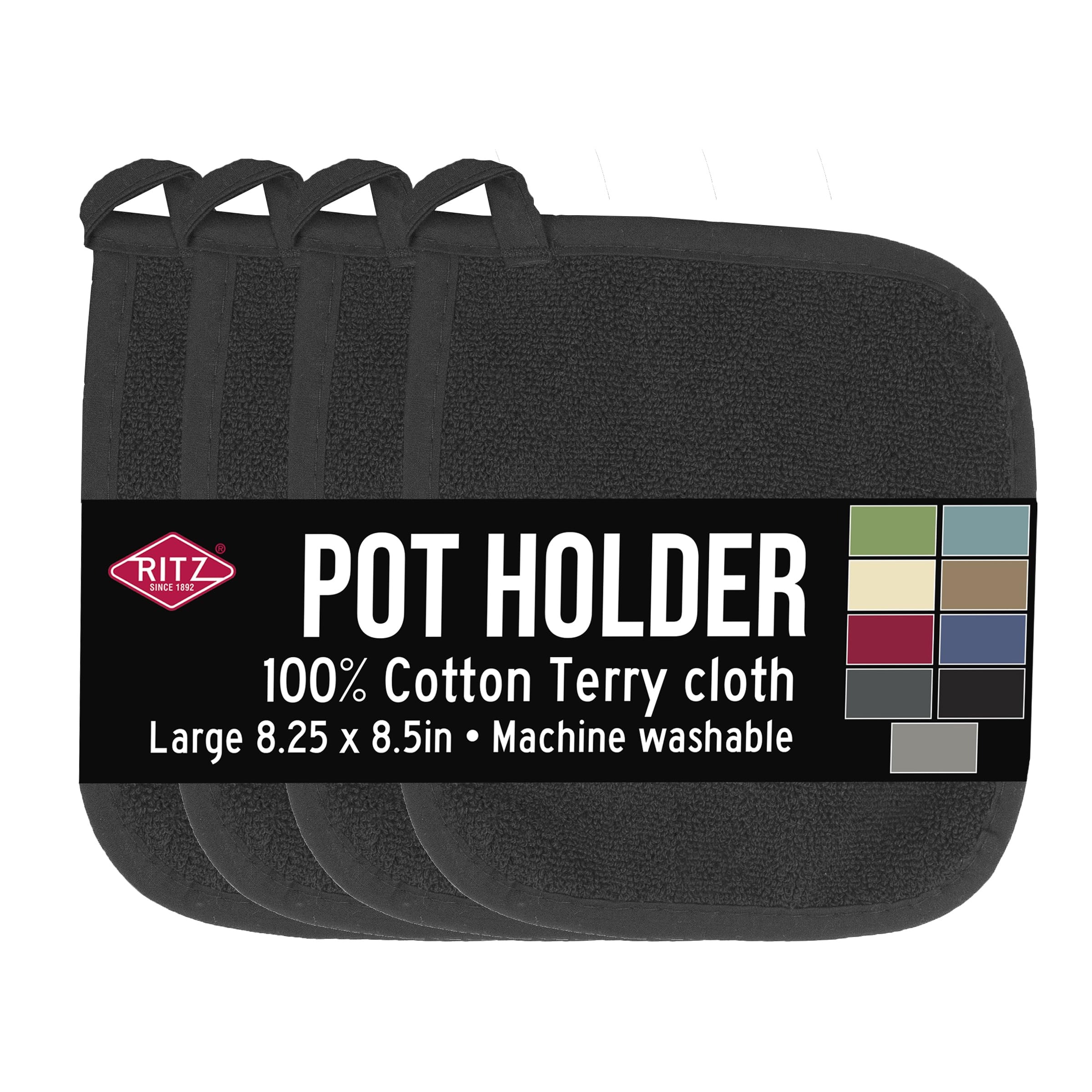 Photo 1 of RITZ Terry Potholder & Hot Pad: Heat Resistant, Durable 100% Cotton – Ergonomically Designed for Optimal Grip, Easy-Care Machine Washable, Perfect for Your Kitchen – Black, 4-Pack