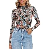 Zeagoo Womens Mesh Sheer Long Sleeve Top Mock Turtle Neck See Though Shirts Ruched Sexy Casual Going Out Blouses