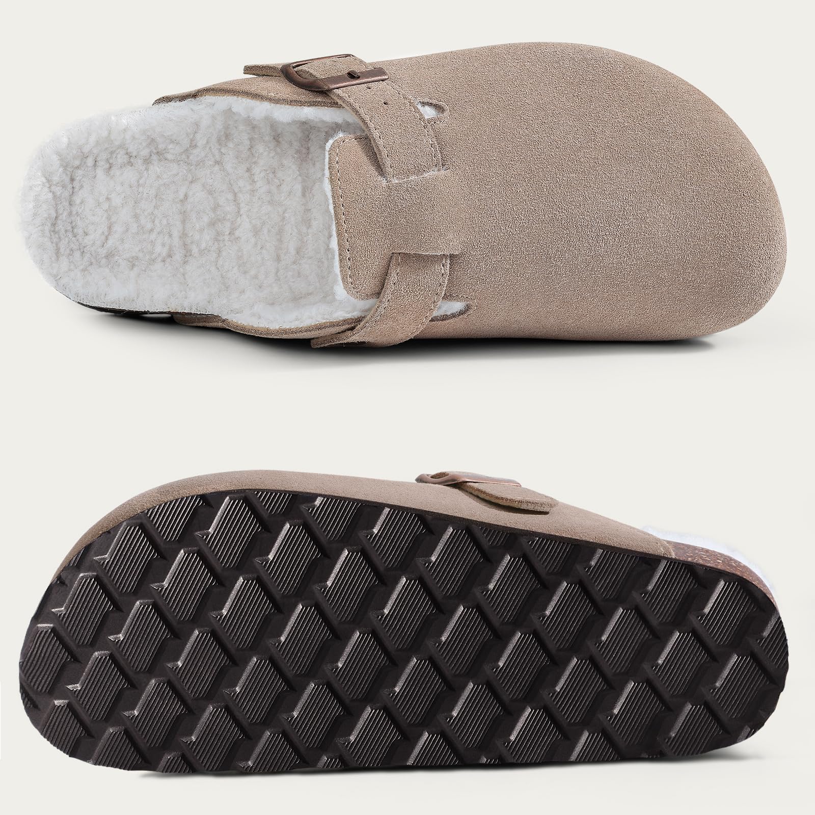 KIDMI Women's Fur Lined Suede Clogs Fuzzy Cork Footbed Mules Slip On Winter Potato Shoes