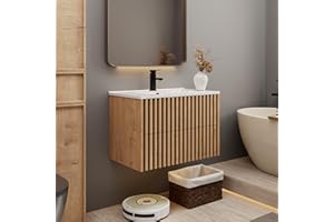 eclife 30" Floating Bathroom Vanity with Sink Combo, Modern Wall Mounted Cabinet with 2 Fluted Drawers, Undermount Sink, Faucet, Drain, Mixed Natural