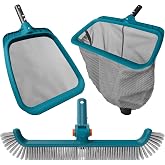 POOLWHALE Swimming Pool Cleaning Kit - Pool Nets and Brush Set | Included Ultra Fine Mesh Deep Pool Rake &amp; Leaf Skimmer Net and Rotatable Pool Brush Head, Pool Open Cleaning Kits for Pools