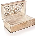 Mela Artisans Decorative Storage Box with Hinged Lid - Whitewash, Medium | 7.5” x 4.5” x 3” | Rustic Trellis Design | Mango Wood Crafted | Ideal for Keepsakes, Trinkets, Jewelry and Other Stash