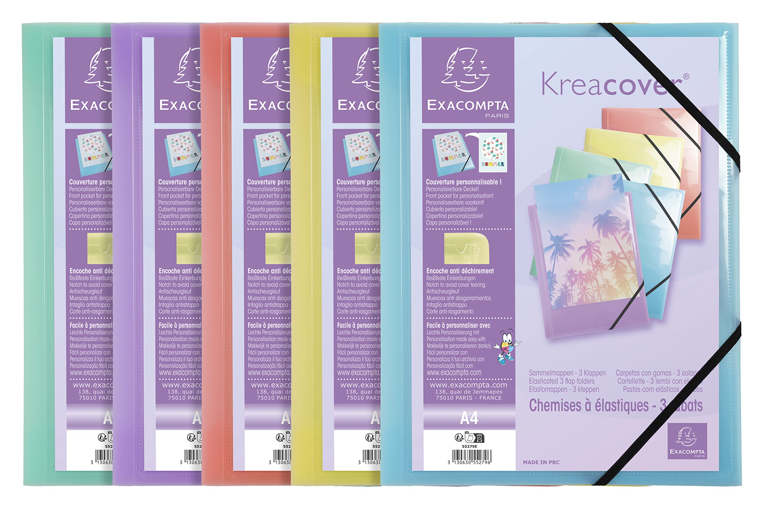 Exacompta - Ref. 55279E - Pack of 5 pastel Kreacover elastic folders - pockets with 3 flaps - in translucent polypropylene - dimensions 24 x 32 cm for A4 format - 5 assorted colors