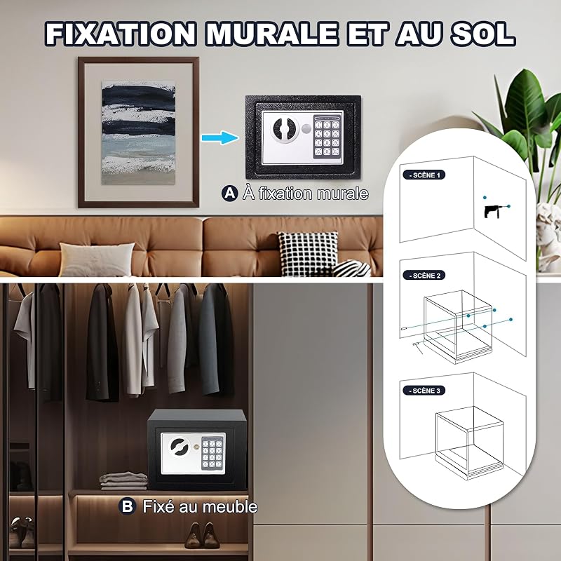 Caja fuerte 6.6L con código electrónico, alta seguridad, compacta, empotrable antirrobo, para hogar/oficina/hotel/coche. Protege joyas, efectivo, armas y otros bienes. Incluye llave.