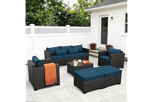 Rattaner Patio Furniture Set 6 Pieces Couch Outdoor Chairs Coffee Table Peacock Blue Anti-Slip Cushions and Waterproof Covers