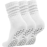 Acomono Women’s Pilates Socks with Grips – 3 Pairs Scrunch Crew Non-Slip Yoga Barre Workout Hospital Slipper Slouch Socks