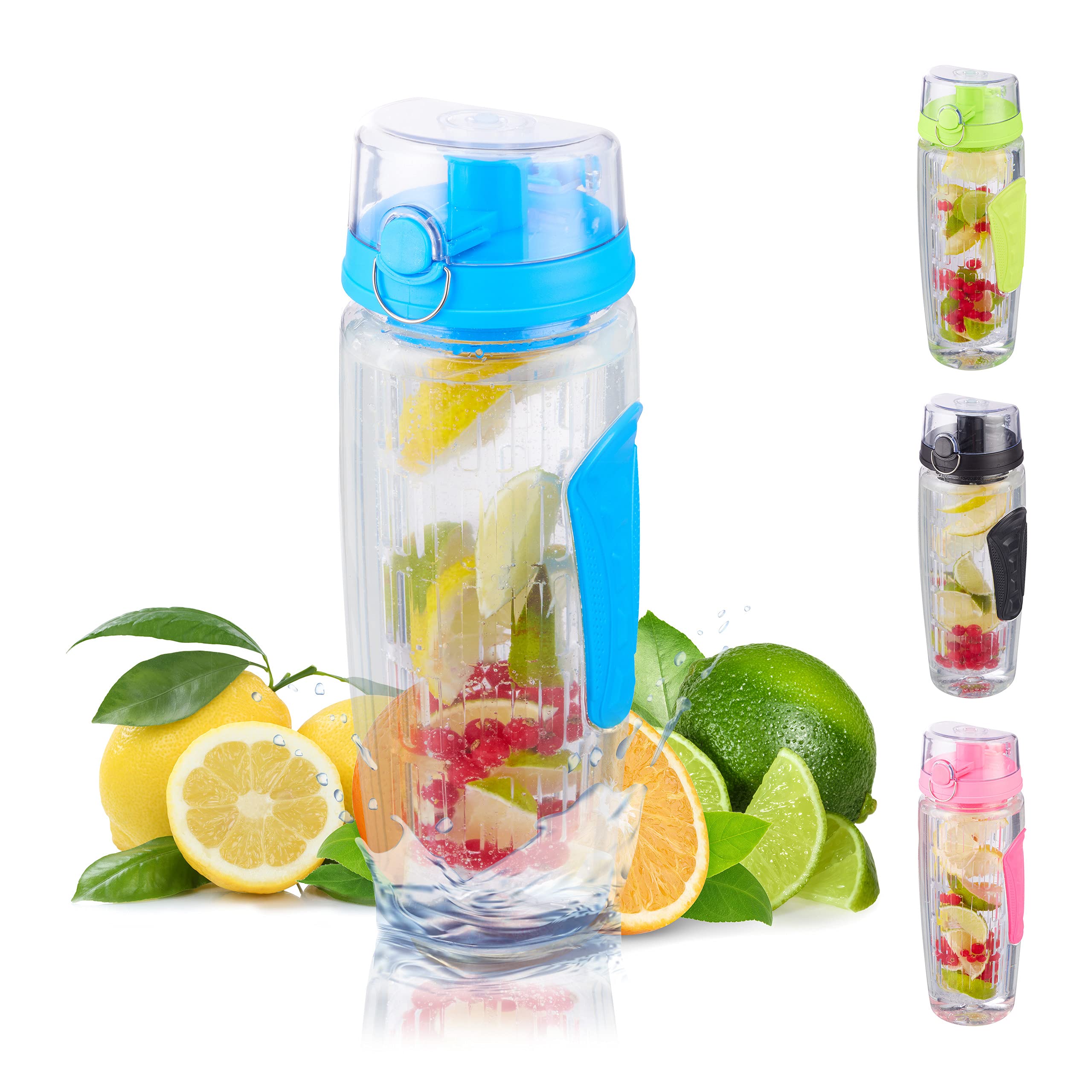 Relaxdays Water Bottle with Fruit Insert, BPA-Free, Leak-Proof, 900 ml, Detox Bottle Infused Water, with Bag, Blue