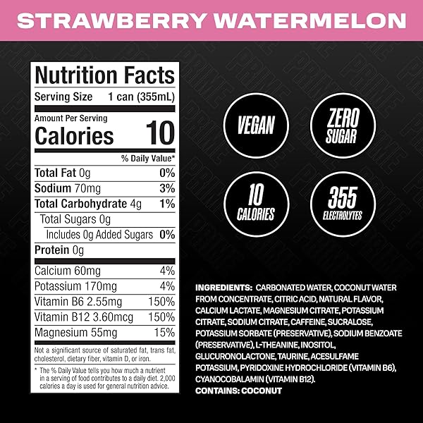 PRIME HYDRATION ENERGY DRINK STRAWBERRY WATERMELON, NATURALLY FLAVORED, 200MG CAFFEINE, ZERO SUGAR, 300MG ELECTROLYTES, VEGAN, 12 FL OZ PER CAN (PACK OF 12)