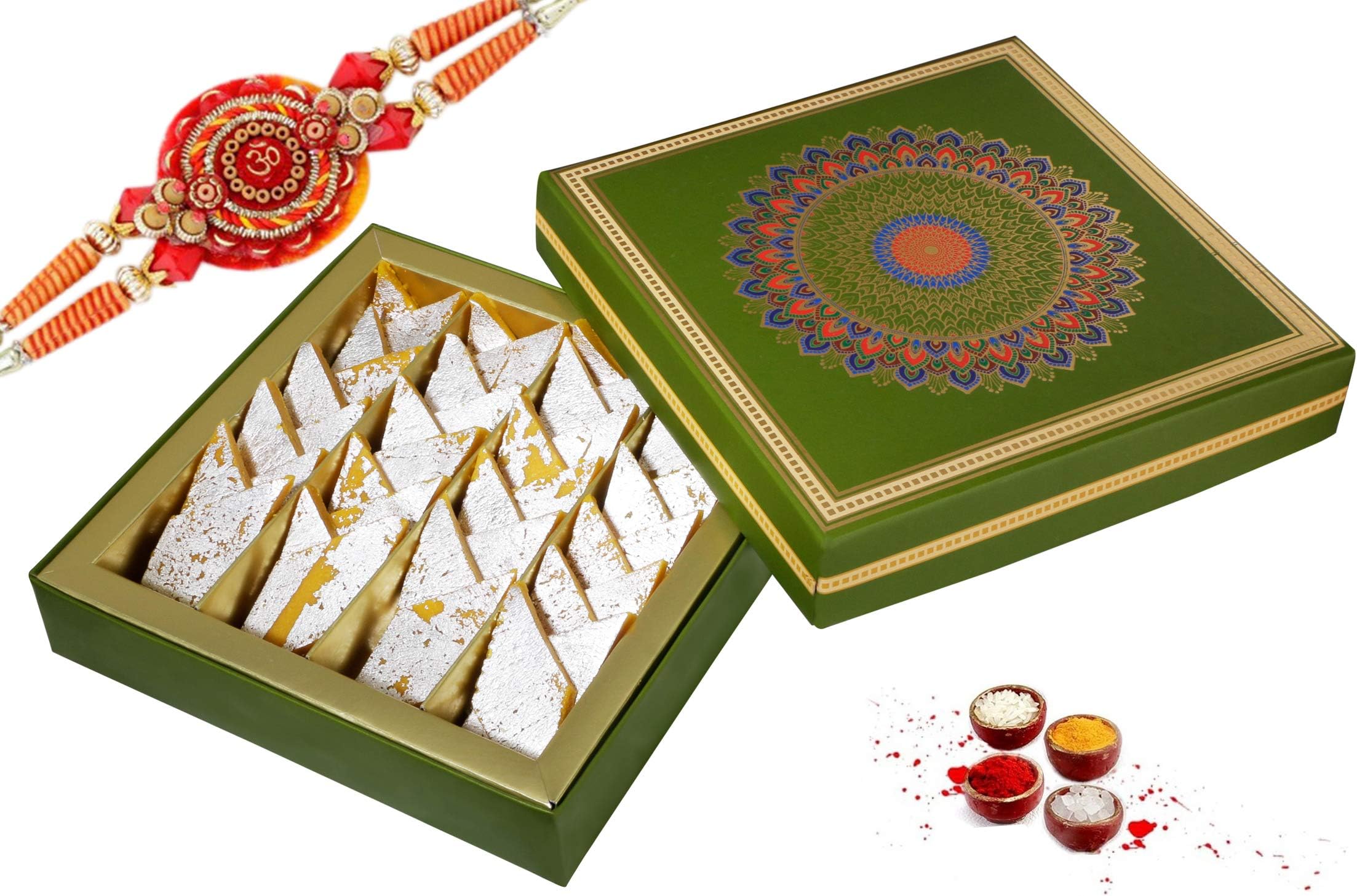Ghasitaram's - Rakhi Bracelet Gift Set for Brothers for Raksha Bandhan - Designer Rakhi, Fresh Kesari Kaju Katli Sweet in Gift Box, Tikka and Chawal