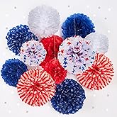 12 Pcs Patriotic Tissue Paper Pom Pom Flowers, Red White Blue 4th of July Party Decorations, Independence Day Memorial Day Backdrop Holiday Home Decor USA Flag Theme Party Supplies