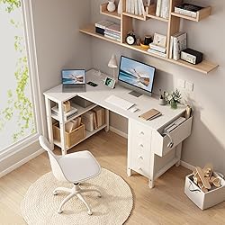 Lufeiya White L Shaped Computer Desk with Drawers