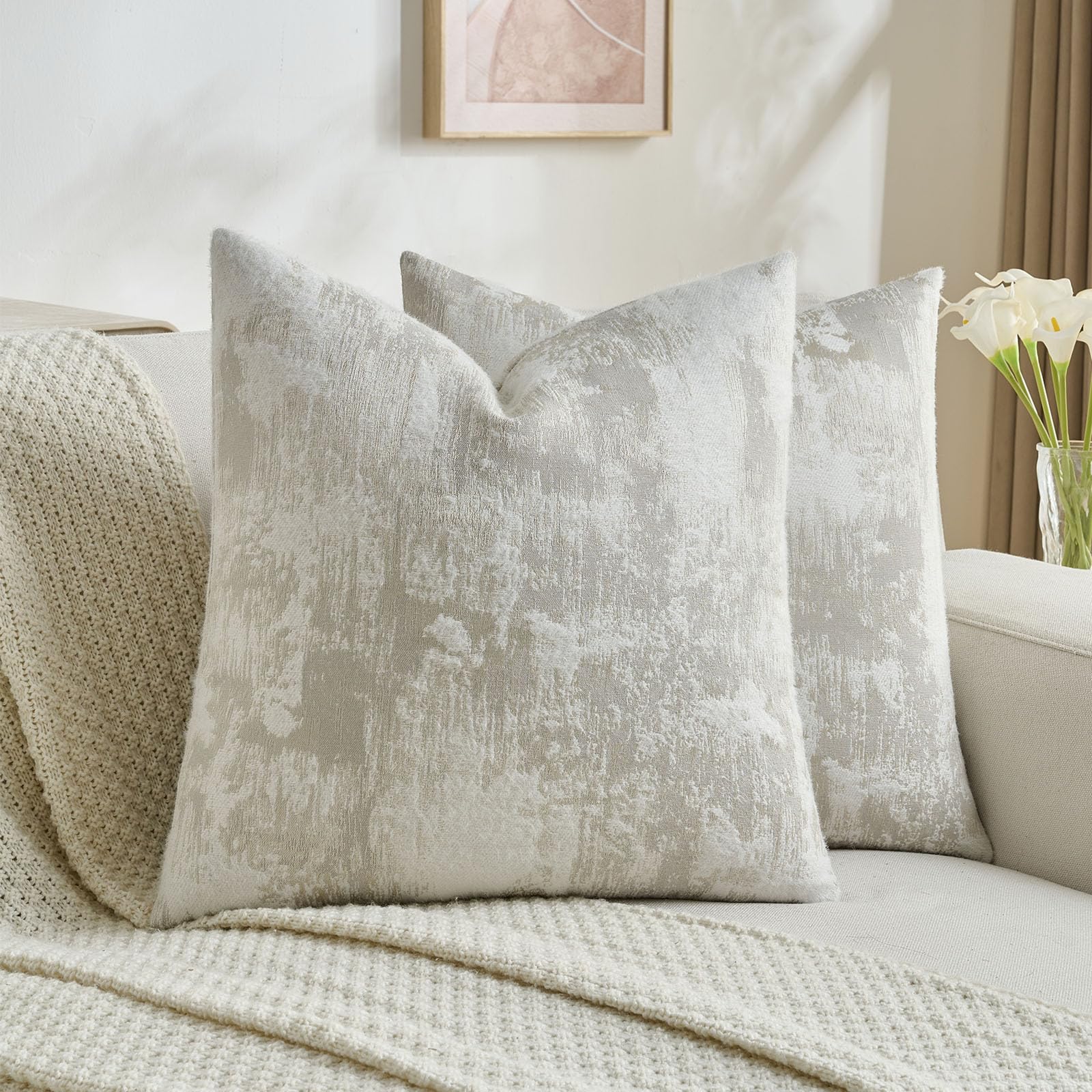 Photo 1 of FUTEI Beige White Decorative Throw Pillow Covers 18x18 Inch Set of 2,Soft Faux Cashmere Jacquard - Textured & Cozy Cushion Case,Modern Home Decor for Couch Bed Living Room