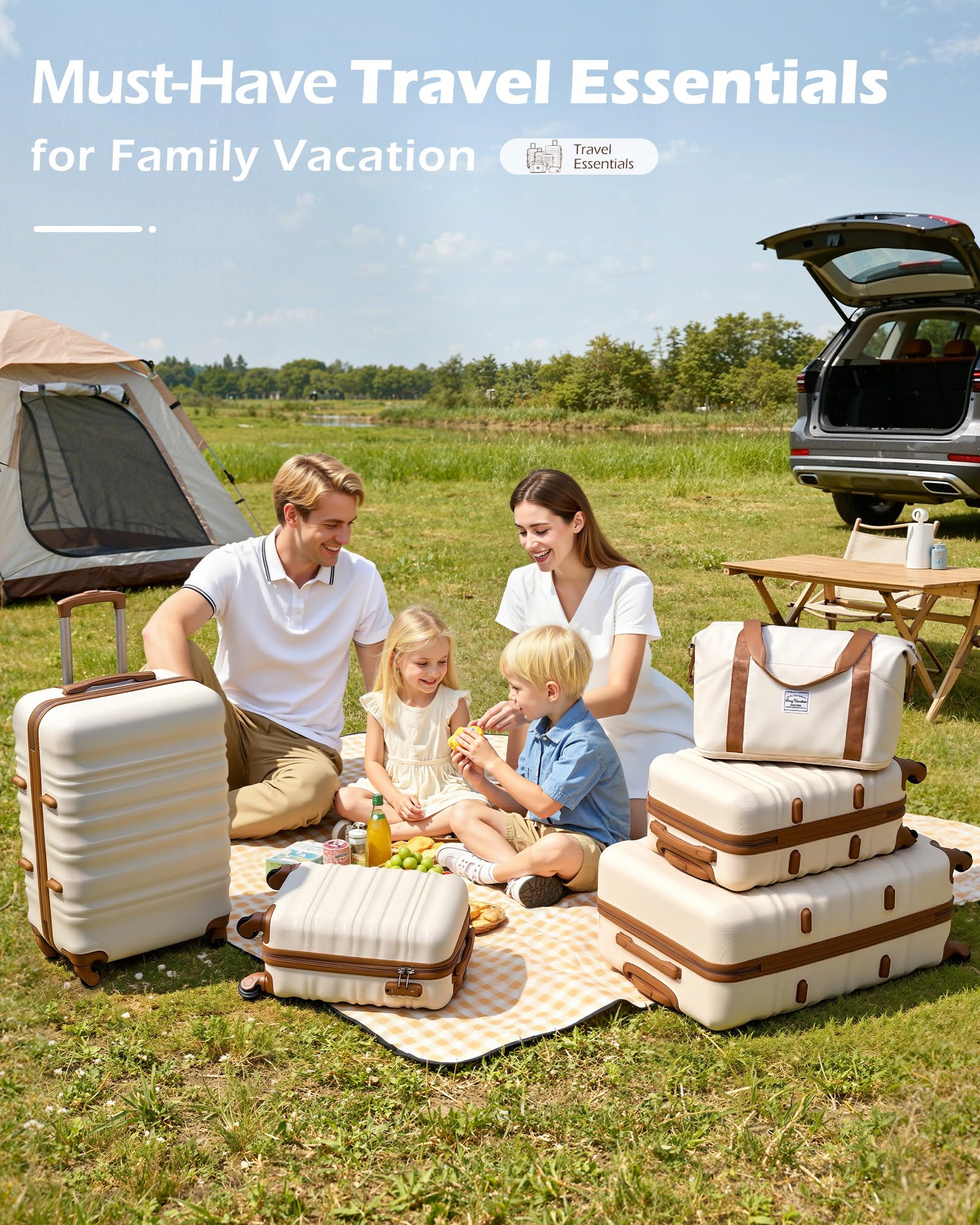 LONG VACATION 6 Piece Luggage Set Carry on Suitcase with ABS+PC hardshell, Spinner Wheels & YKK Zipper TSA Lock (WHITE-BROWN, 6 piece set)