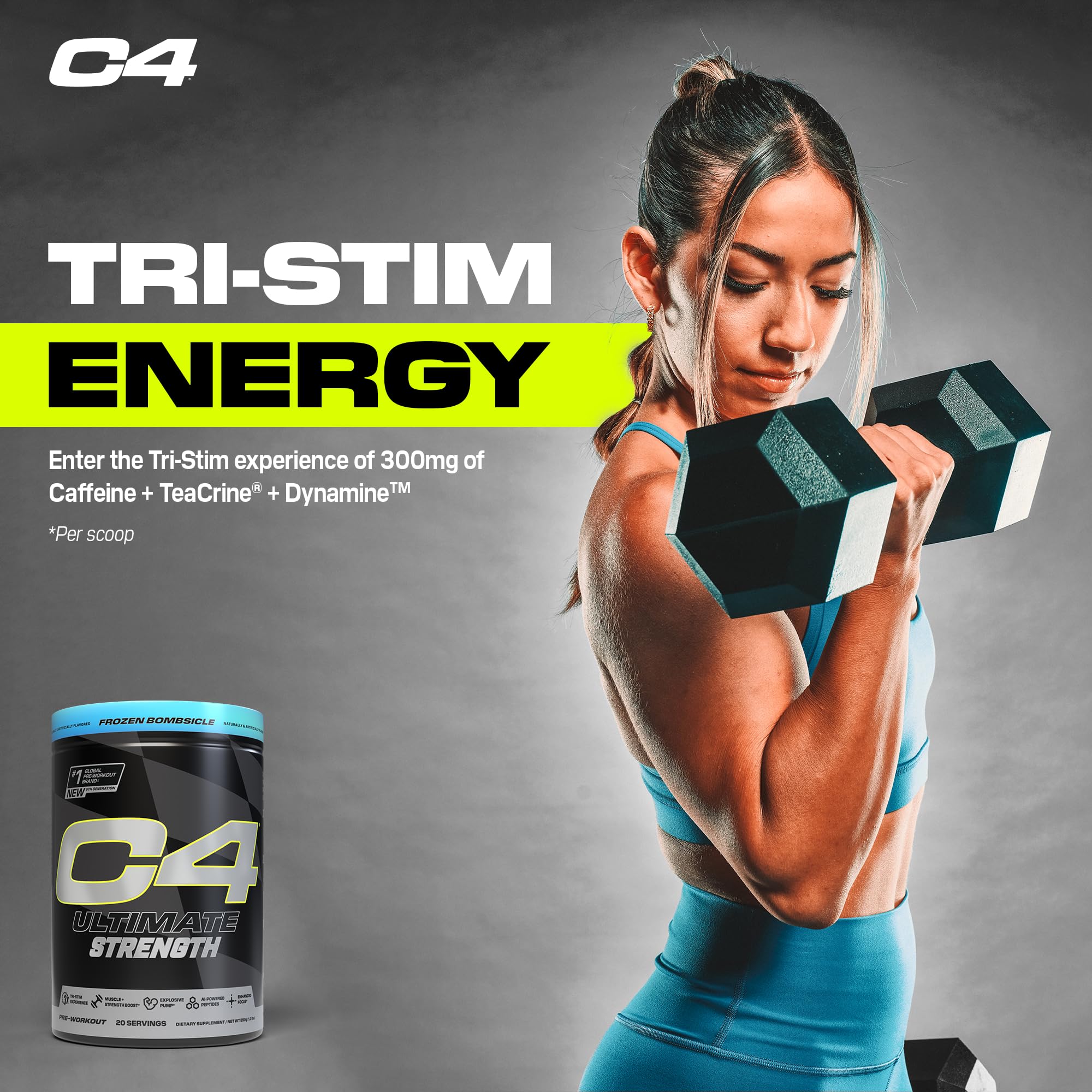 Cellucor C4 Ultimate Strength Pre Workout Powder - Tri-Stim Experience 300mg Caffeine+TeaCrine+Dynamine - Creatine & Beta-Alanine - Energy Supplement for Men & Women - Frozen Bombiscle, 20 Servings