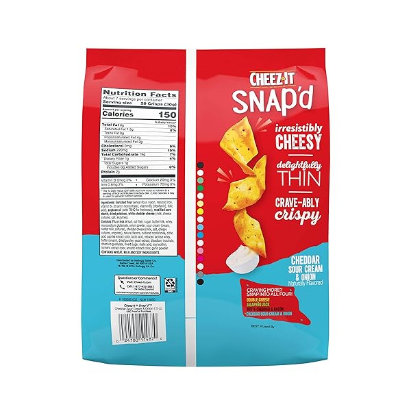 CHEEZ-IT SNAP’D, CHEESY BAKED SNACKS, CHEDDAR SOUR CREAM AND ONION, 7.5OZ BAG