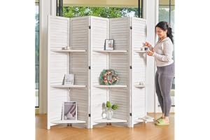 SVIMI Partition Room Dividers, Folding Wood Privacy Screen with Three Display Shelves Suitable for Home Office, Study, Art Display - 5 Panel, 67 * 64inch (White-Washed)