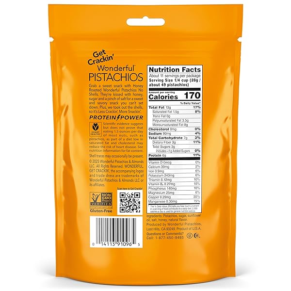 WONDERFUL PISTACHIOS NO SHELLS, HONEY ROASTED NUTS, 11 OUNCE RESEALABLE BAG, PROTEIN SNACKS, GLUTEN FREE, HEALTHY SNACKS