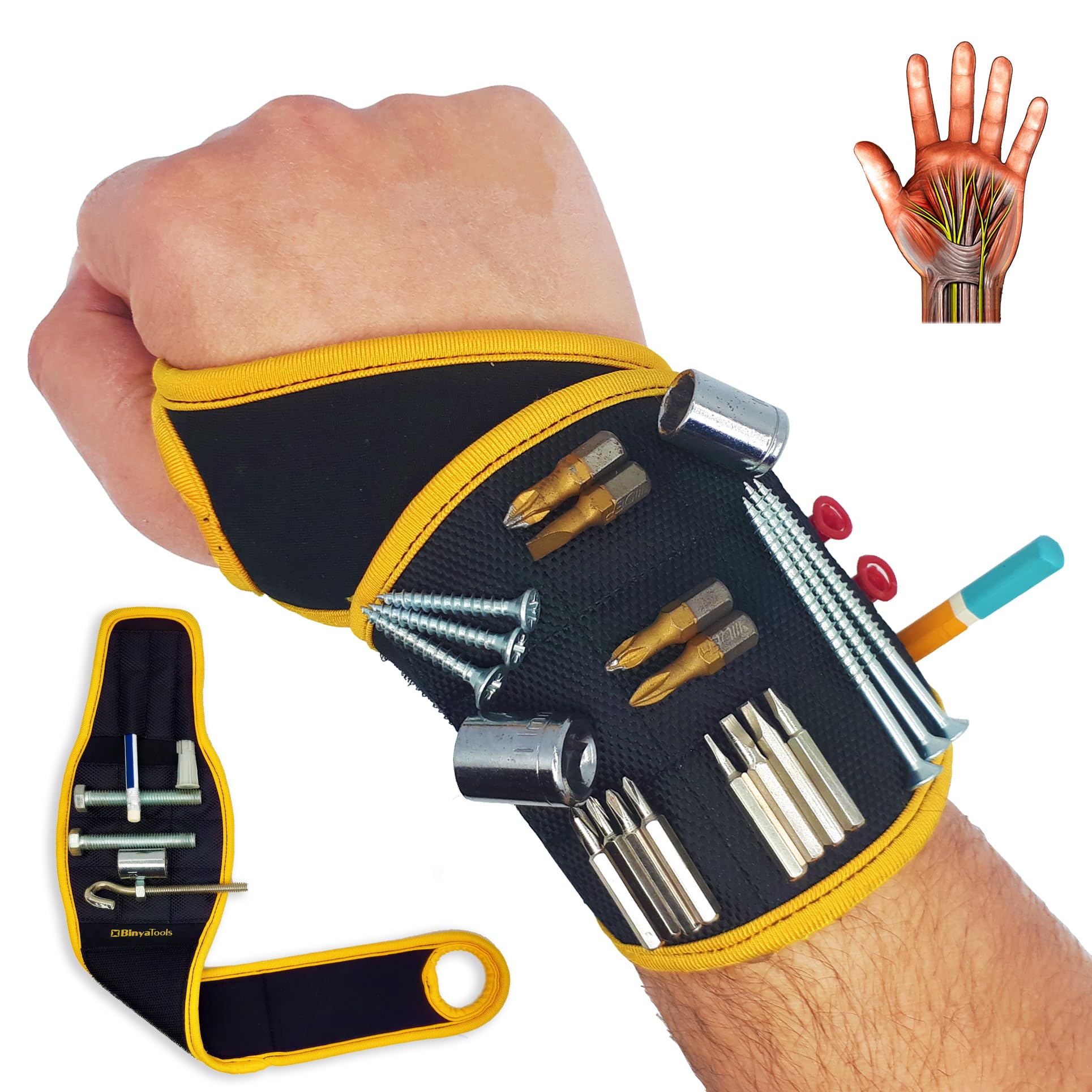 BINYATOOLS Magnetic Wristband -Black- With Super Strong Magnets Holds Screws, Nails, Drill Bit. Unique Wrist Support Design Cool Handy Gadget Gifts for Fathers, Boyfriends, Handyman, Electrician