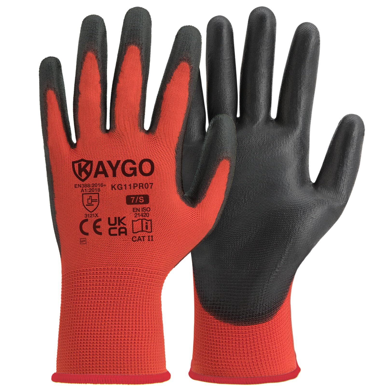 KAYGO Work Gloves PU Coated-12 Pairs, KG11PR, Safety Working Gloves with Secure Grip on Palm & Fingers, for Men and Women, Ideal for General Purpose Light Duty Work, Gardening (Small, Red) — image 1