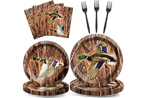 Naozinebi Mallard Duck Party Plates Napkins Hunting Dinnerware Mallard Duck Theme Birthday Party Tableware Set Disposable Forks Dessert Supplies for Hunting Birthday Supplies Serve 24