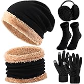 SATINIOR 5 Pcs Winter Beanie Hat Scarf Gloves Set Fleece Lined Knit Hat Warm Touch Screen Gloves Earmuff Warmer for Women(Black,Trendy Style)