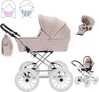 Friedrich Hugo Natureline Uni | 3 in 1 Kombi Kinderwagen Komplettset | Öko Nostalgie Kinderwagen | Farbe: Elisabeth Creme