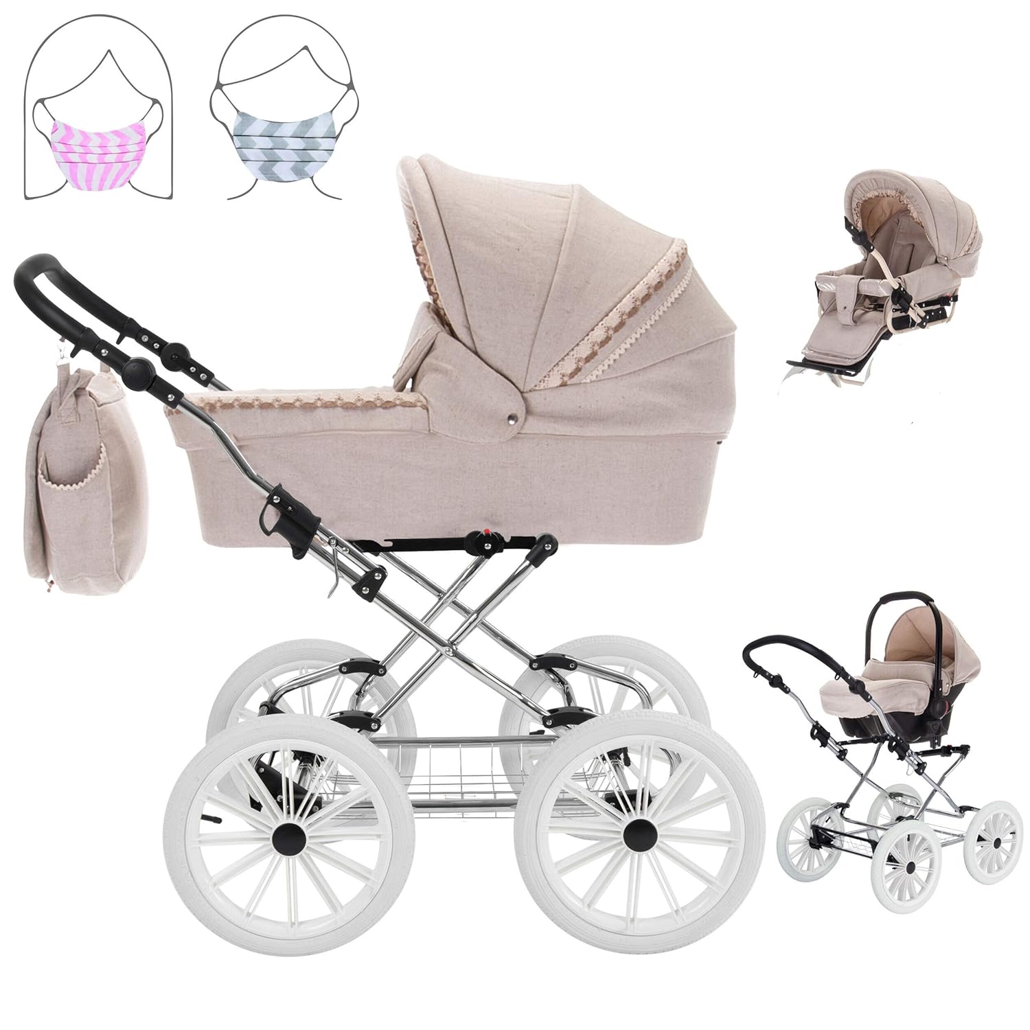 Friedrich Hugo Natureline Uni | 3 in 1 Kombi Kinderwagen Komplettset | Öko Nostalgie Kinderwagen | Farbe: Elisabeth Creme