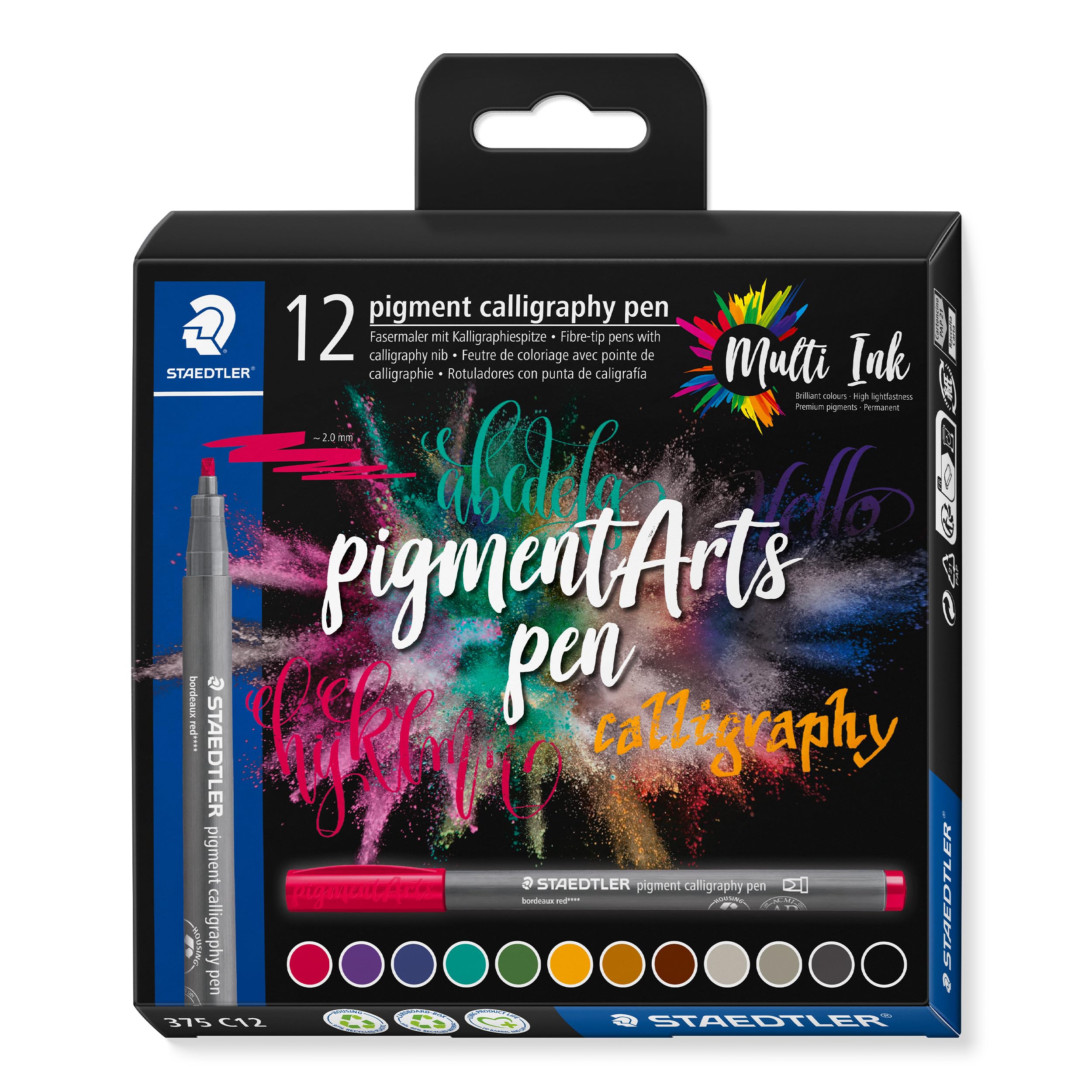 STAEDTLER 375 C12 Pigment Arts Calligraphy Pen - Assorted Colours (Pack of 12)
