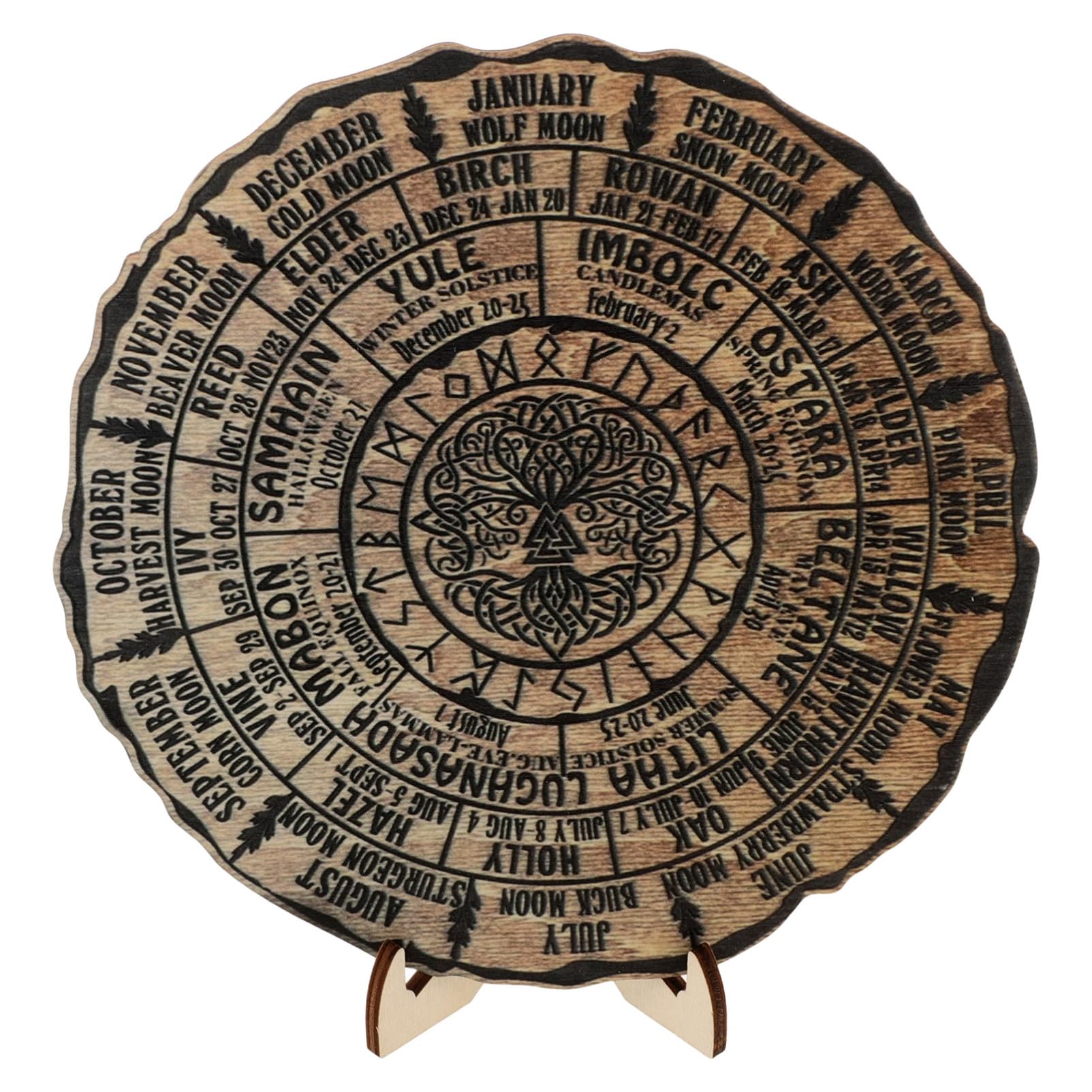 STOBOK Wheel Of The Year Wood Sign Tree of Life Wooden Calendar Sabbats Pagan Witches Runes Wood Engraved Board Halloween Witch Sign Desk Decor