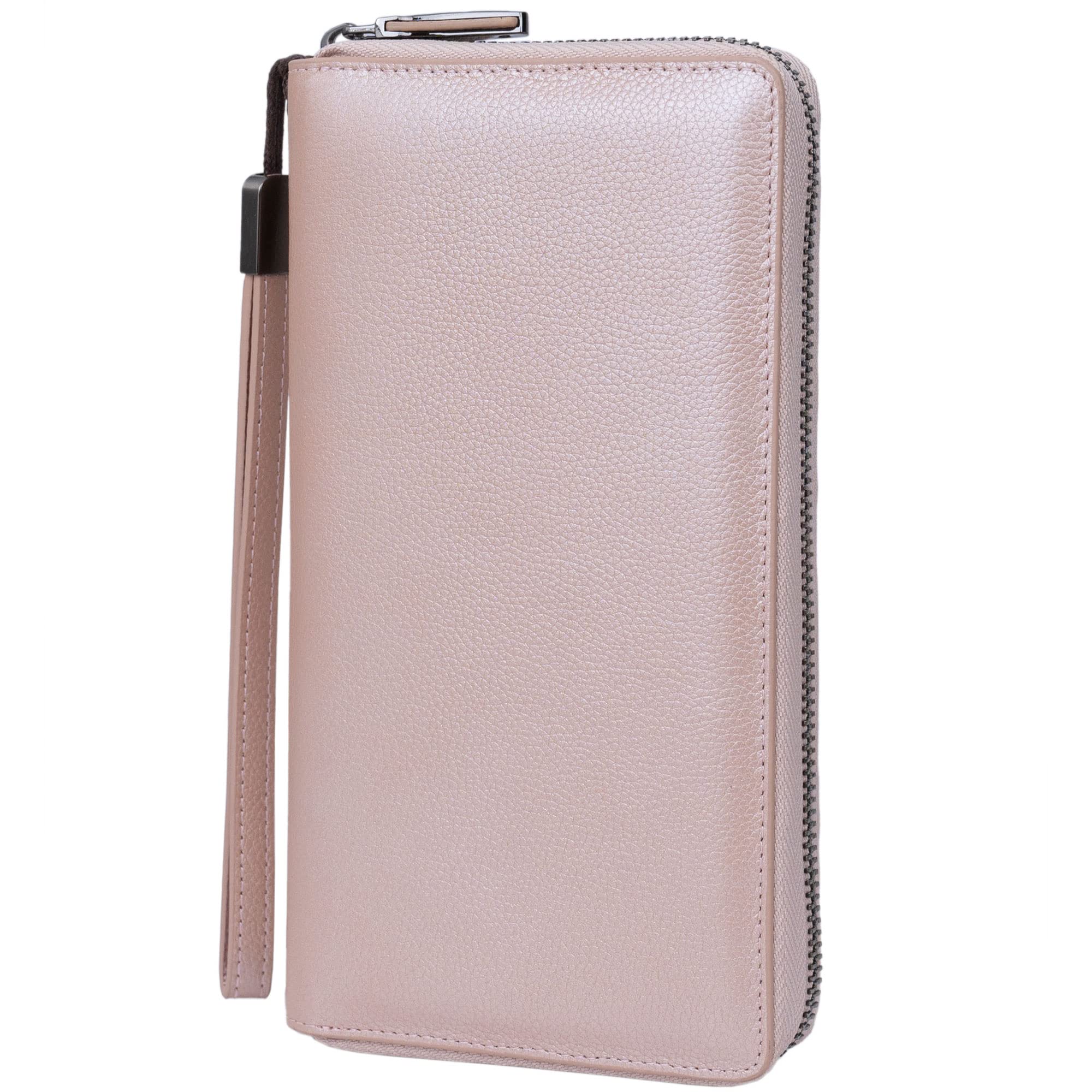 Rfid Blocking Purses for Women Real Leather Zip Around Large Travel Mobile Phone Ladies Long Money Purses Wallet, 17 Card Slots (Rose Gold)